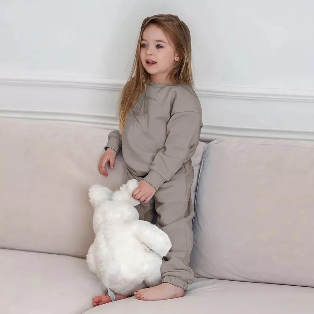 2025 Kid Boys Clothing Tracksuit 2 Pieces Set Warm Fleece Plain Top SweatshirtPants Loungewear Suit Children Girl Clothes 1-13T 250220