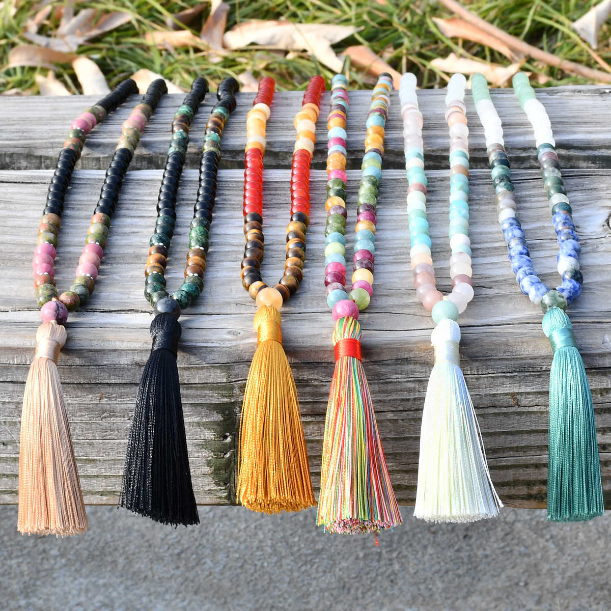 Pendant Necklaces Bohemian tassel long sweater chain womens high-end feeling tourmaline natural stone bead long necklace H25219