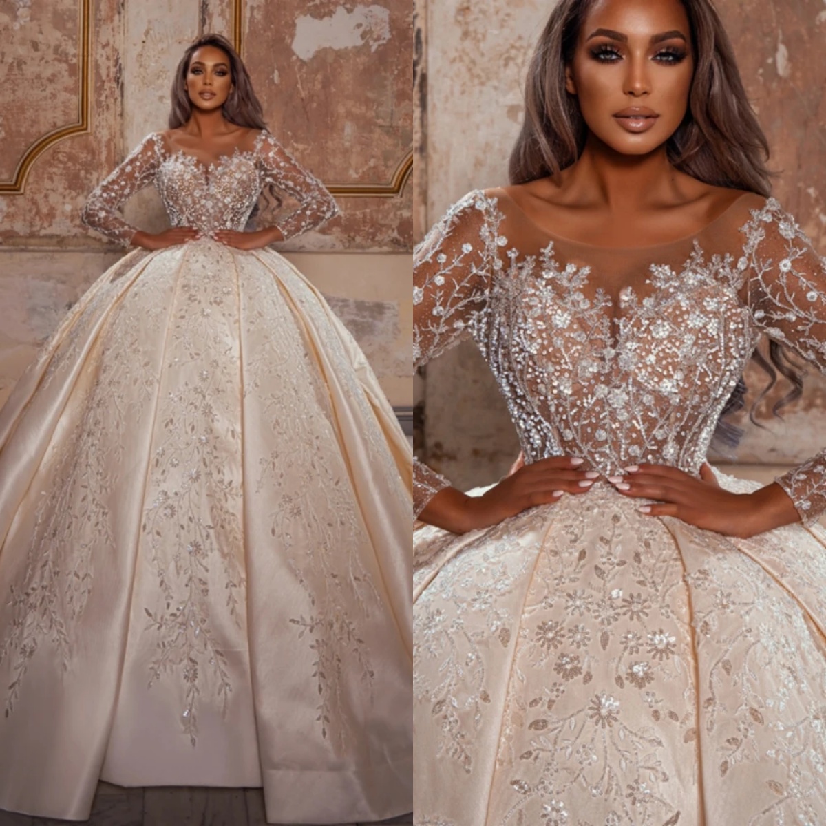 Gorgeous Ball Gown Wedding Dress For Women Sheer Neck Long Sleeves Bridal Gowns Appliques Sequins Sweep Train Dresses Custom Made vestidos de novia
