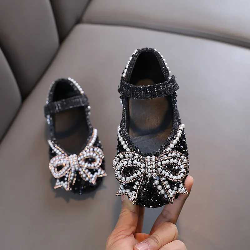 Girls Shoes Bling Single Shoes for Stage Performance Mary Janes Bow Crystal Glitter Wedding Flats Party Leather Shoes New X250220