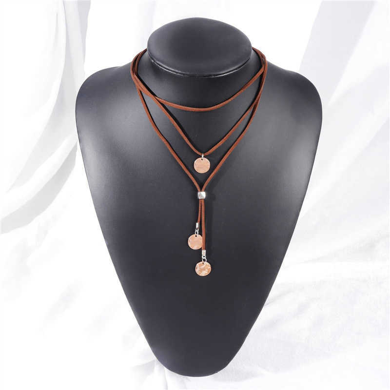 Pendant Necklaces New Bohemian style leather necklace with round pendant long body chain multi-layer brown leather necklace H25219