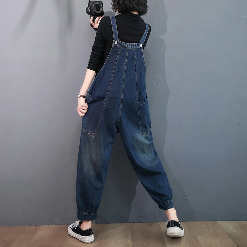 #1427 Blue Denim Overalls For Women Loose Big Pockets Casual Straight Jumpsuits Ladies Spaghetti Strap Rompers High Waisted 250220