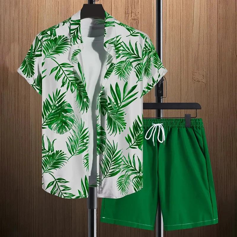 Fashionable floral plant print mens shirt short sleeved 2piece summer beach casual loose shorts top Hawaiian style suit 250220