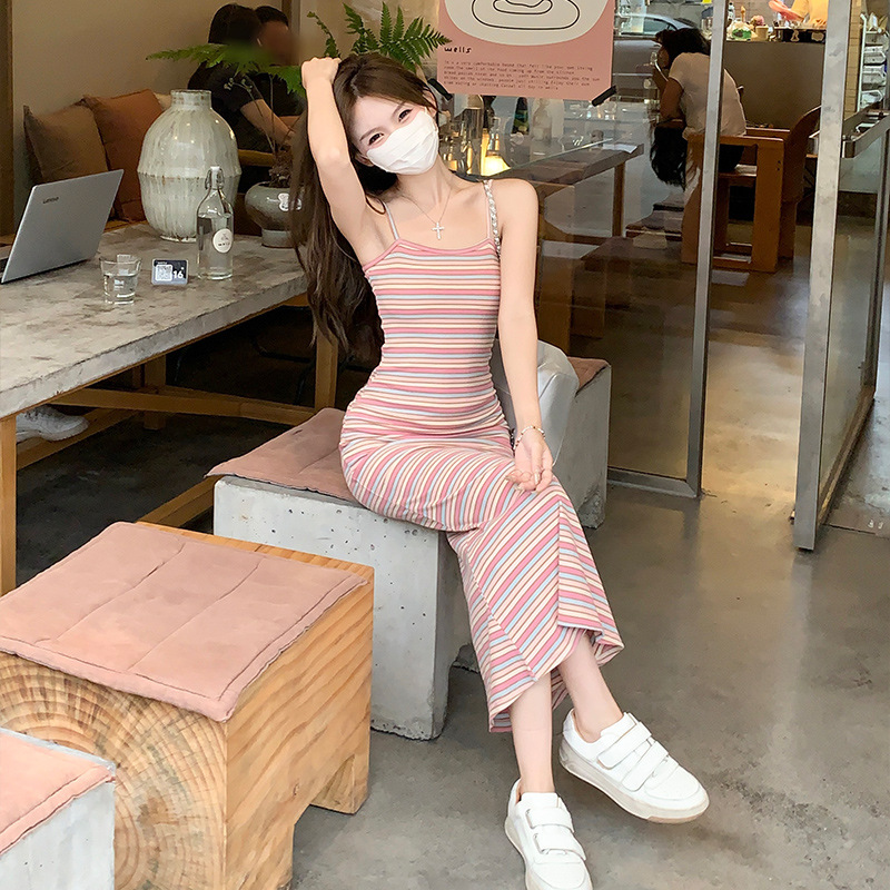 P1020 Rainbow slings small first love style girly striped skirt slightly fat tube top slim sling outer dress