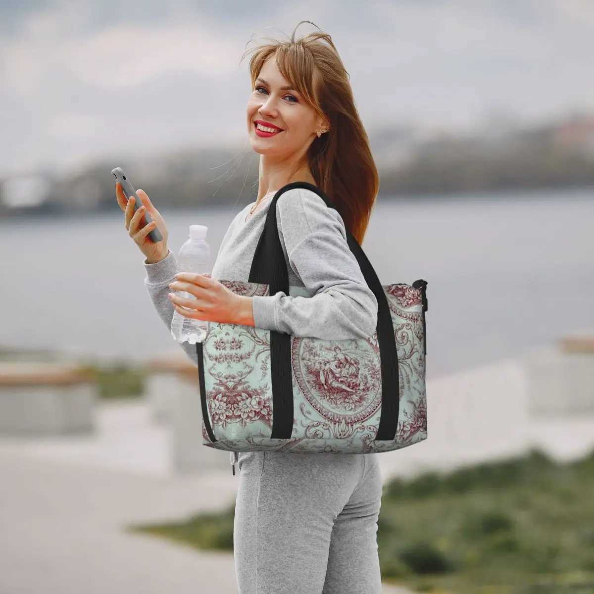 Customized French Toilet De Jouy Navy Blue Pattern Handbag Womens Large Capacity Traditional Art Gym Beach Shoulder Travel Bag Z250219