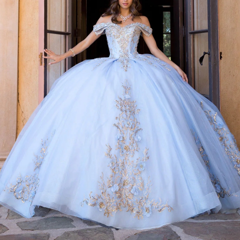 Sky Blue Shiny Quinceanera Dresses Ball Gown Off Shoulder Appliques Lace Beads Tull Sweet 16 Dress Vestidos 15 De Anos