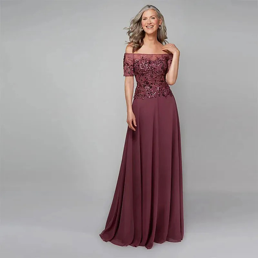 Elegant Long Chiffon Mother Of The Bride Dresses Short Sleeves Lace Appliques Off The Shoulder Wedding Guest Dress Burgundy Formal Party Gown For Wome