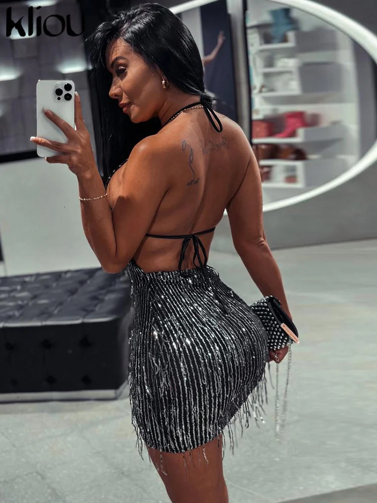 Kliou Tassel Patchwork Shiny Mini Dress Women Halter Bandage Stunning Backless Sleeveless Skinny Vestido Female Party Clubwear 250219