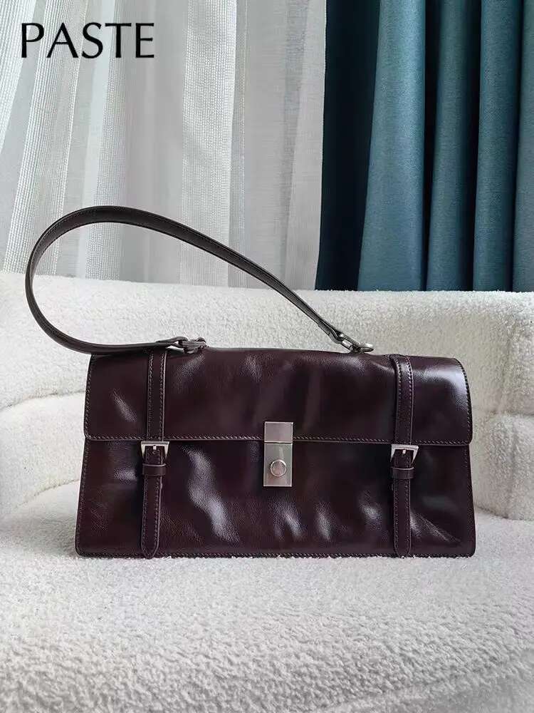New 2025 Wine Red Glossy Retro Style Trunk Tote Lock Design Cowhide Leather Women Messenger Bag High-End Long-Handle Handbag