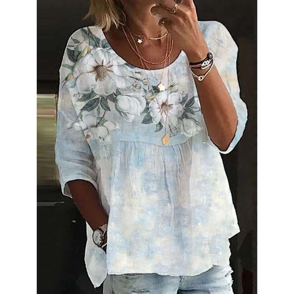 Fashion Loose Elegant Round-Neck Printed Casual Woman Shirt Holiday Weekend Top