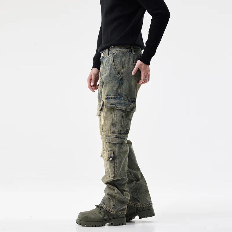 Retro and nostalgic mens jeans autumn and winter personalized multi pocket workwear trend Distressed Denim Y2K Trouser 250220