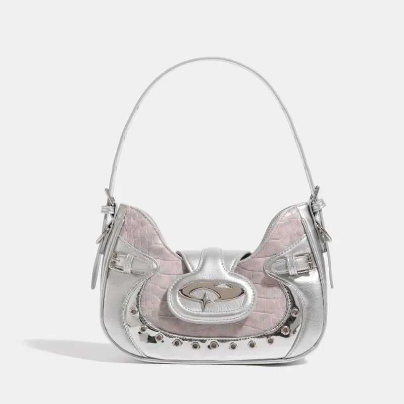 MBTI Y2k Womens Shoulder Bag Gothic Silver Patchwork Harajuku Fashion Handbag Niche Designer Casual Cool Female Motorcycle Bag Y250218