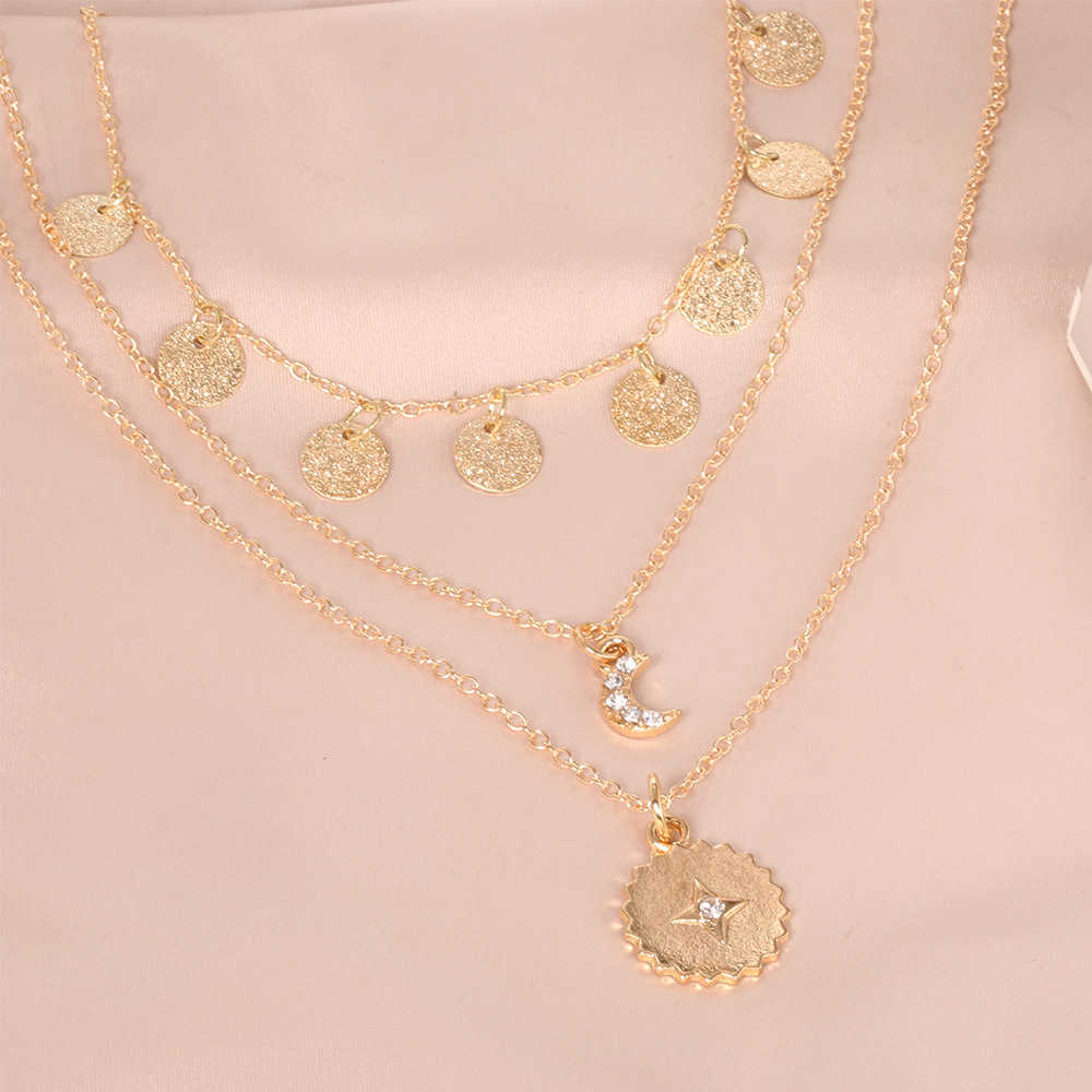 Pendant Necklaces Bohemia new fashion personality inlaid diamond moon sun small disc pendant multilayer Necklace H25219
