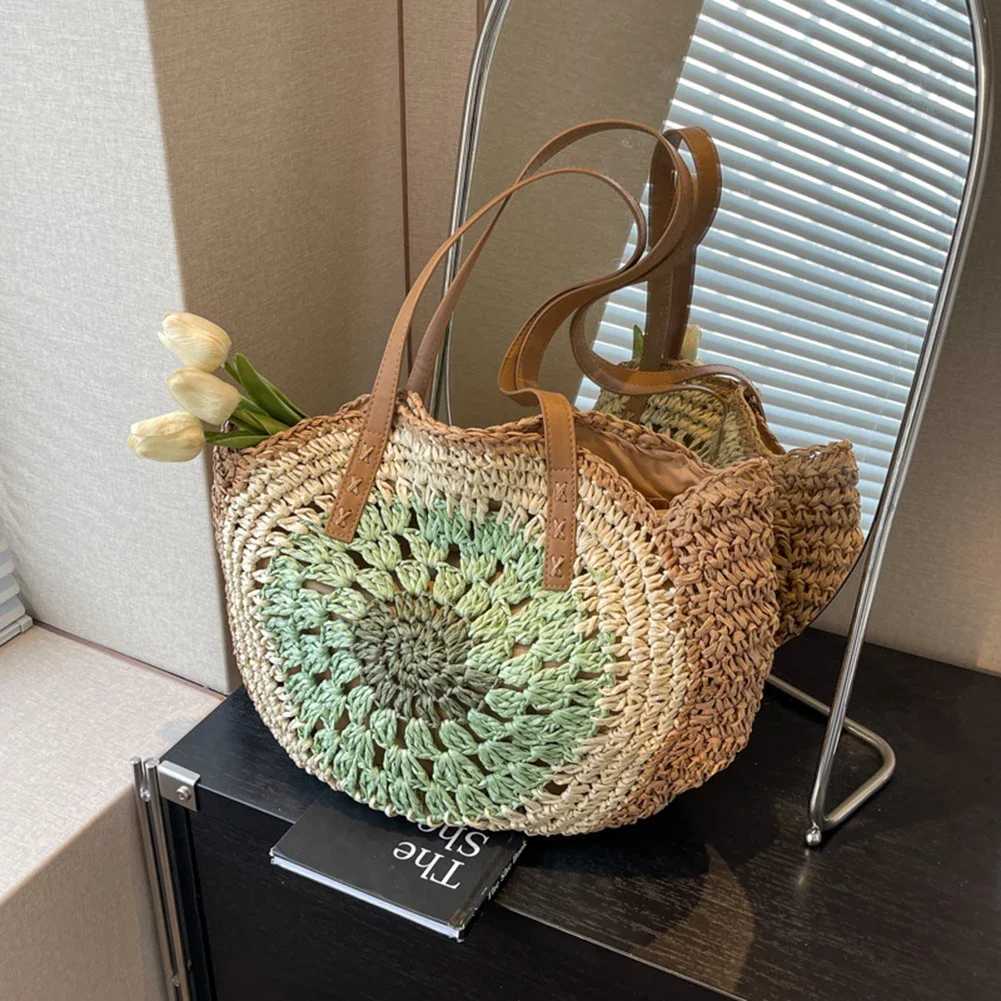 Round grass shoulder bag womens Rafia beach bag vacation crochet handbag large shopping bag womens summer beach bag Z250219