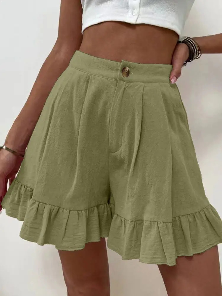 Womens Shorts Loose Cotton Hemp Casual Shorts Button Zipper Solid Color Pocket High Waist Wide Leg Ruffle Edge Shorts 250217