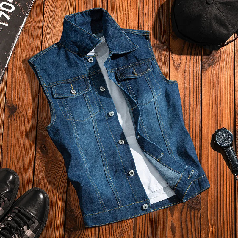 Spring Autumn Men Lapel Denim Vest Mens Casual Sleeveless Jeans Jacket Male Streetwear Solid Color Waistcoat D706 250219