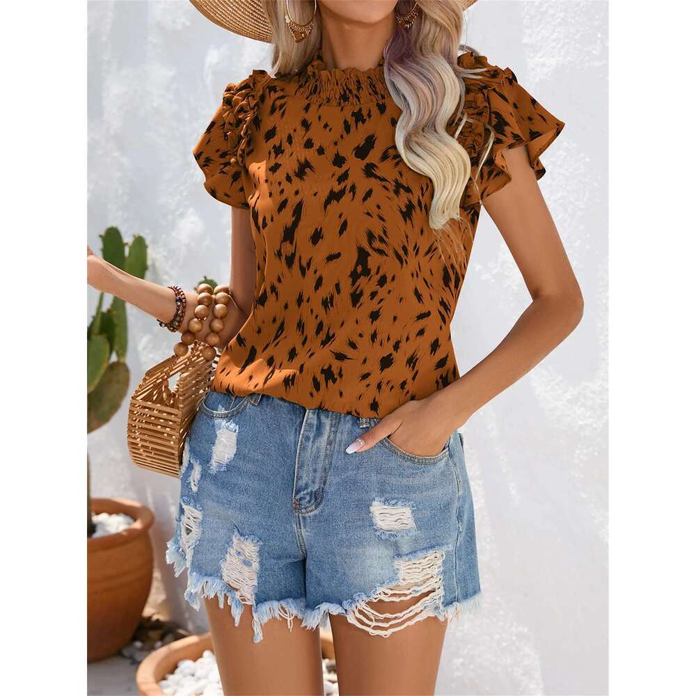 Spring Summer Casual Round Neck Wooden Ear Ruffled Leaf Sleeves Leopard Print Shirt Women Vacation Blouse