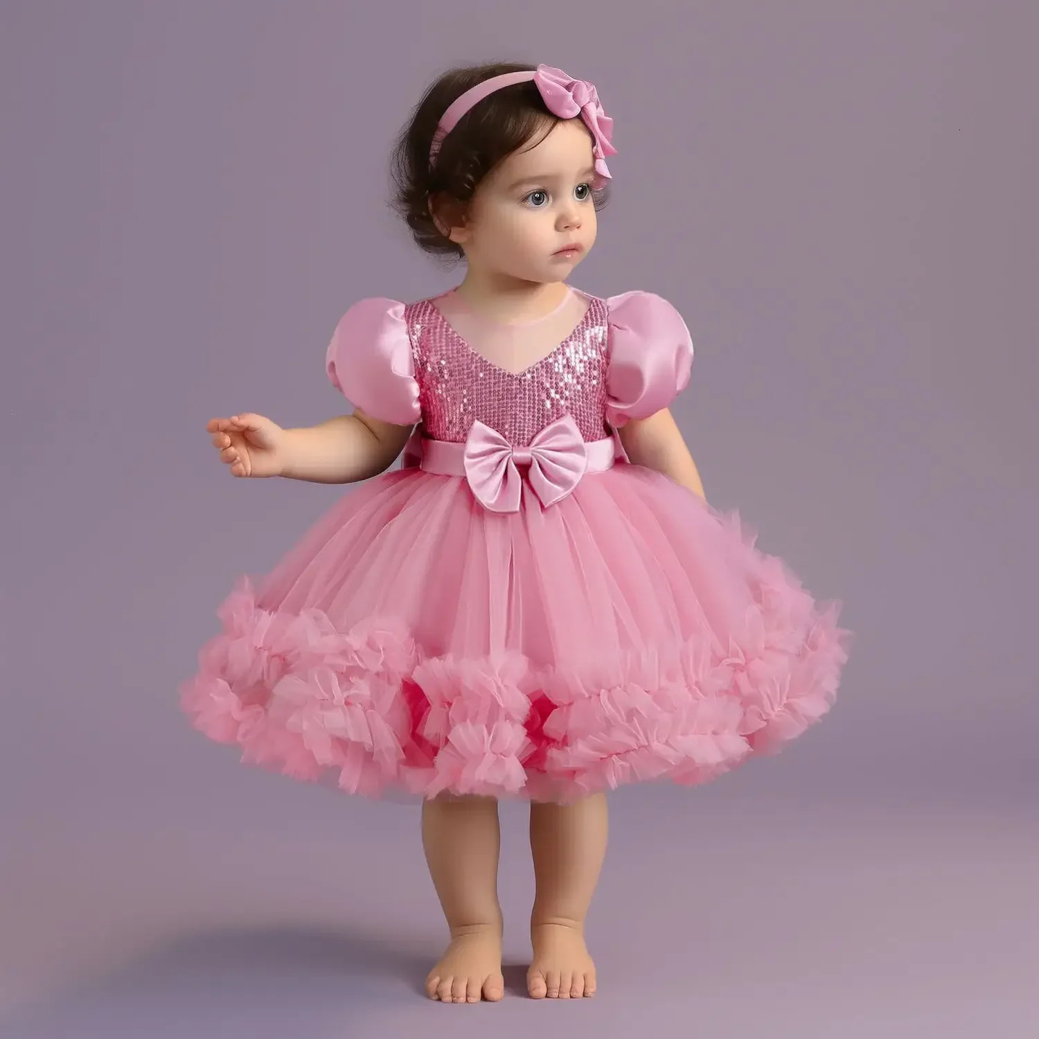 0-5T Flower Girls Dress for Wedding Party Cute Bowknot Birthday Party Toddler Girls Dress Sequin Fluffy Baby Girls Princess Gown 250220bj