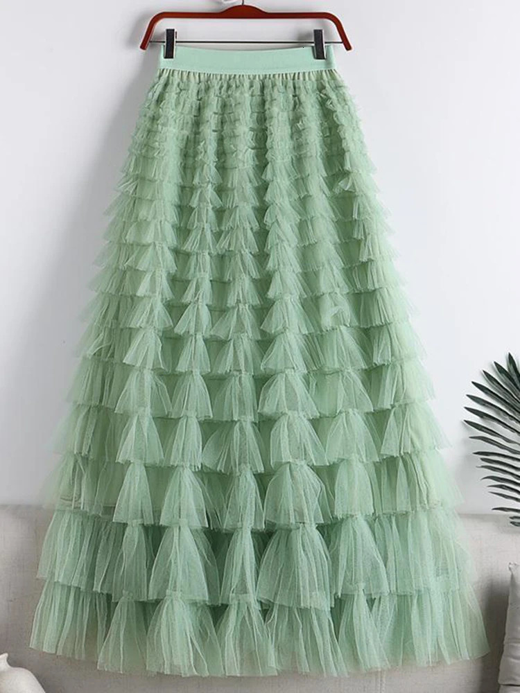 LANMREM Fashion Mesh Skirt Women High Waist Aline Gauze Spliced Solid Color Loose Skirts Versatile Spring 2AA4000 250213
