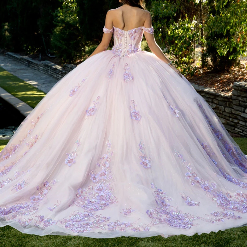 Pink Shiny Quinceanera Dresses Ball Gown Off Shoulder Sequin Appliques Lace Beads Tull Corset Sweet 16 Dress Vestidos 15 de anos