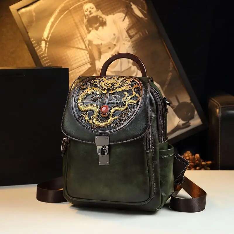 Retro National Style Leather Backpack Female Dragon Year Emment Large Capacity Single Shoulder Multi-Functional Travel Bag