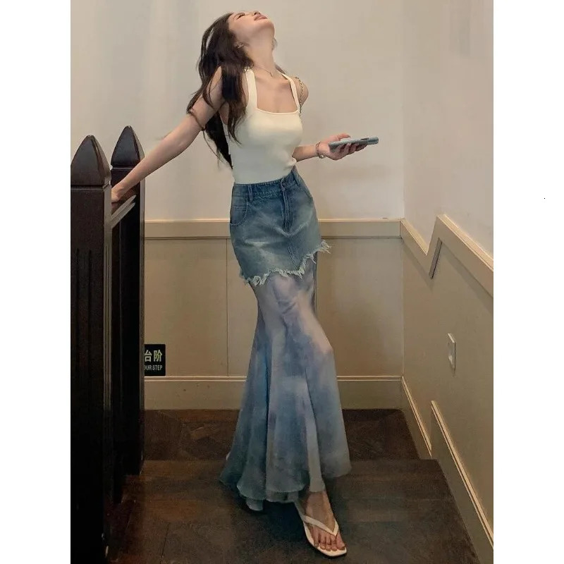 Solid Color Spring and Summer n Denim Stitching Gauze Skirt Female High Waist Slim Tiedyed Fishtail 250220