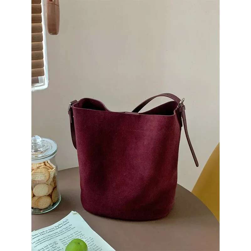 Newest Suede Leather Women Retro Bucket Bags High Quality Female Commute Tote Soft Cowhide Simple Shoulder Crossbody Bag