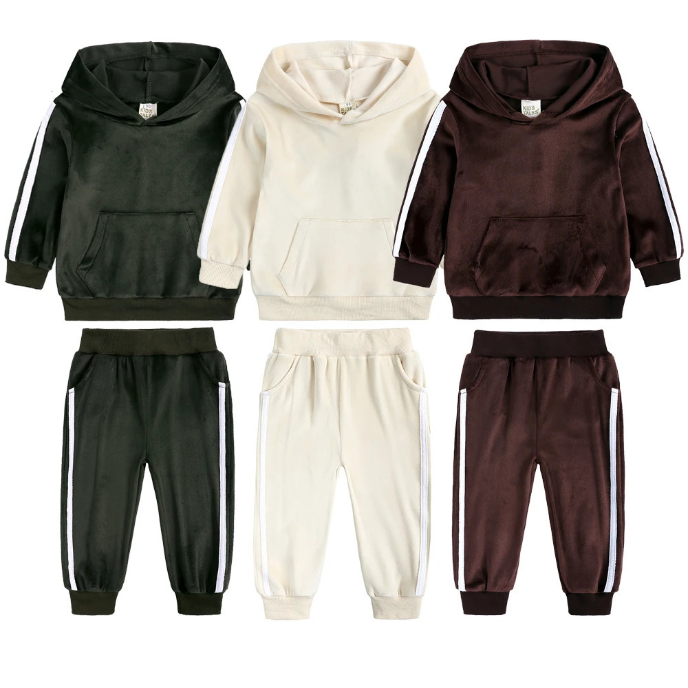 2025 Toddler Kids Hoodies Sweatshirt Set Solid Velvet Spring Autumn Baby Boy Girl Tracksuit Clothes For Children Sports Outfits 250220