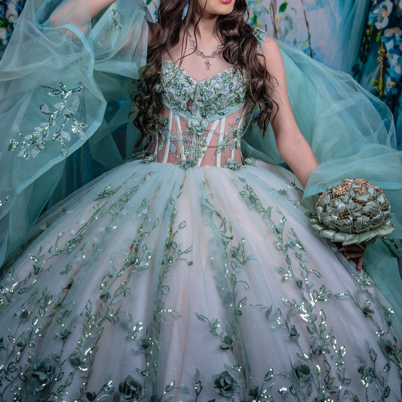 Mint Green Shiny Quinceanera Dresses Ball Gown Off Shoulder Appliques Lace Beads Tull Corset Sweet 16 Dress Vestidos 15 de anos