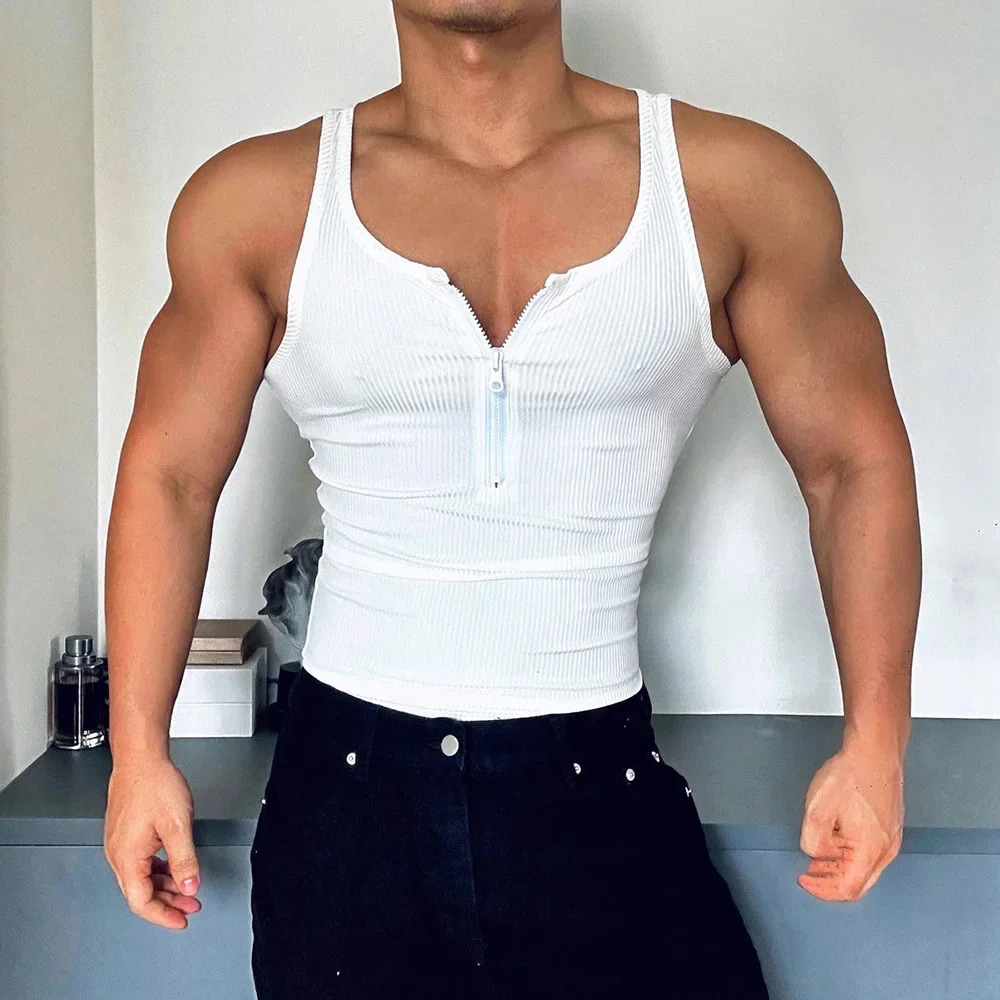 Mens Vest Gym Sports Sexy Half Zip Tank Tops Summer Casual Jogging Streetwear Training Tight Sleeveless Tops Menswear 250219
