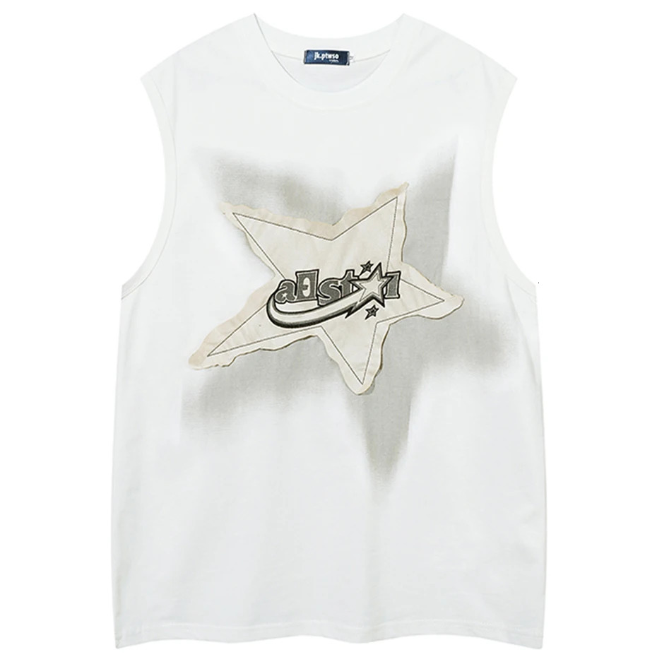 Super vest star patch work Y2K top mens Harajuku street clothing vest fashion casual loose cotton hip-hop vest black 250219