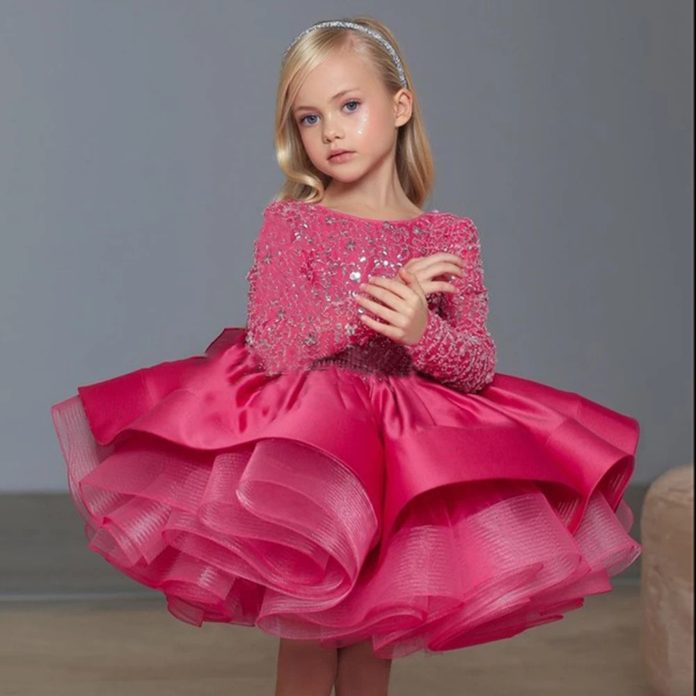 Baby Girl Birthday Fluffy Dress Infant Sequin Baptism Gown Flower Wedding Costume Kids Long Sleeved Clothes Toddler Vestidos 250220