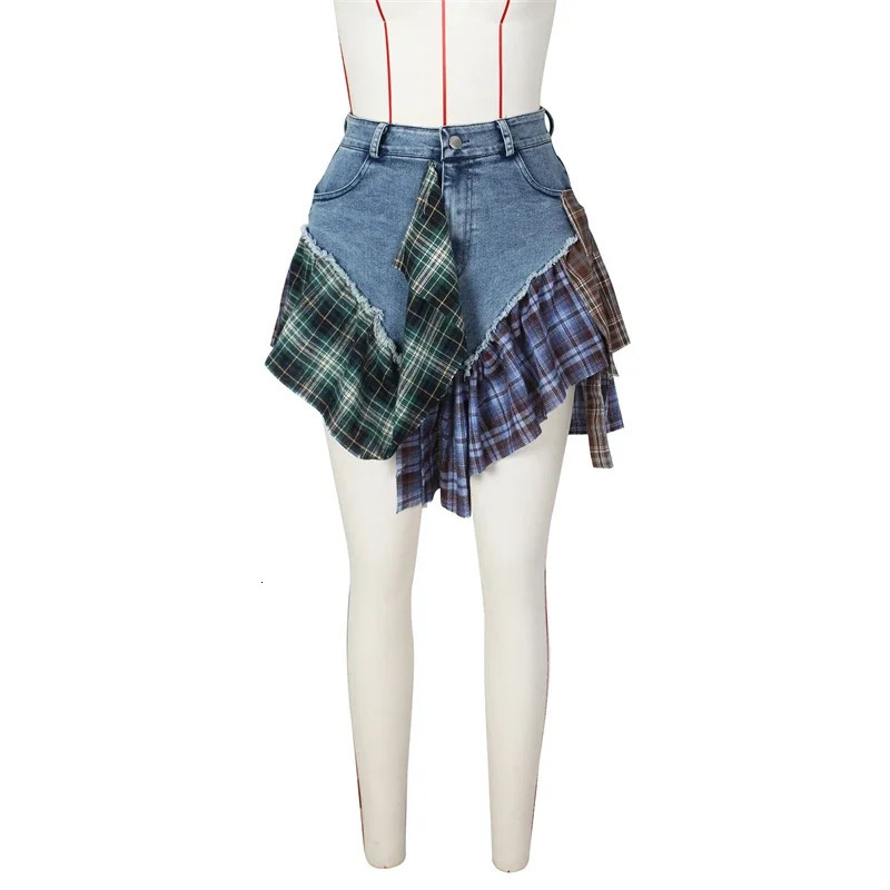 Plaid Patchwork Denim Shorts Women Summer Button Fly Slim Asymmetrical Jeans Culottes Casual Streetwear Drop Wholesale 250219