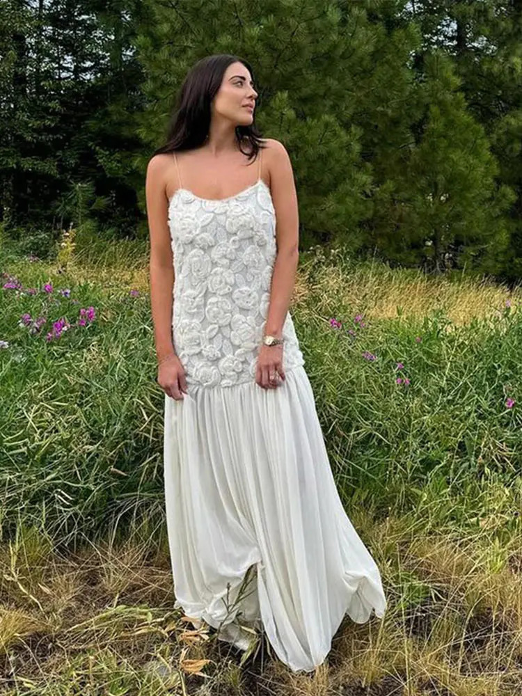 Elegant 3D Flower Party Dres Sling Backless Hip Package Patchwork Pleated Evening Dresses Female 2025 Spring Lady Dress 250220
