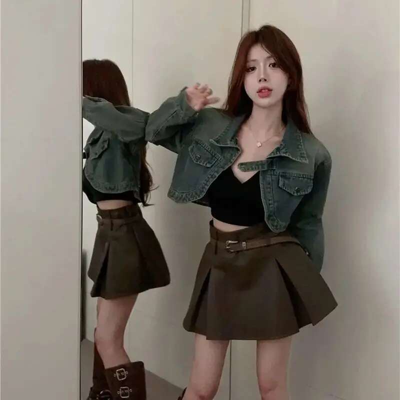 Denim Retro American Slim Fit Women Round Neck Top Sweet Korean Jacket Early Autumn Hot Style