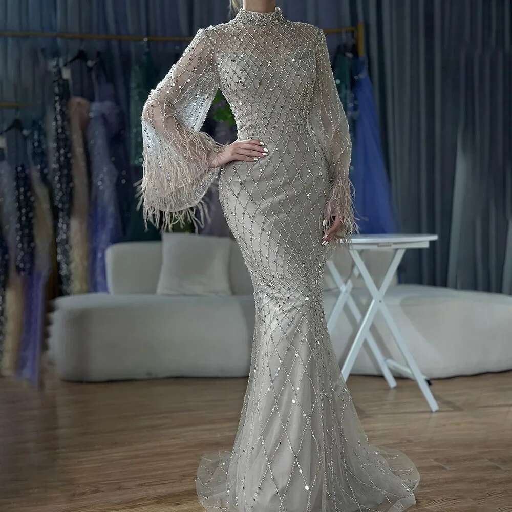 Caramel Saudi Cut Out Lace Beaded Feathers Mermaid Evening Dresses Prom Gown For Formal Ocn Customize