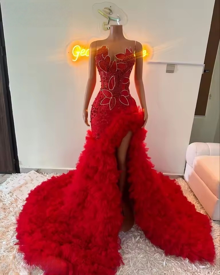 Red Mermaid Prom Dresses Party Vestidos Sweetheart Sparkly Crystal Dias Ruffles Tiered Evening Gown Customized