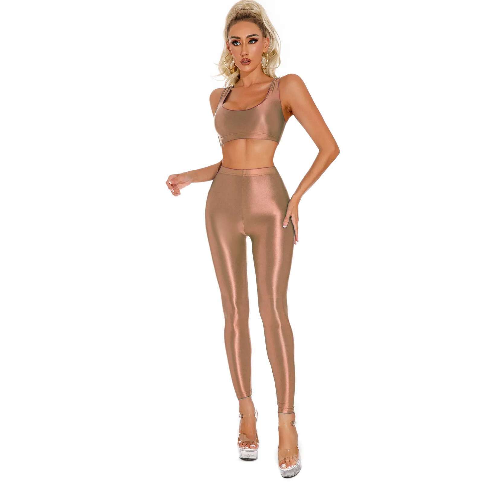 Womens Glossy Set Sportswear U Neck Racerback Crop Top With Elastic Waistband Leggings Sports Training Yoga Gym Fiess