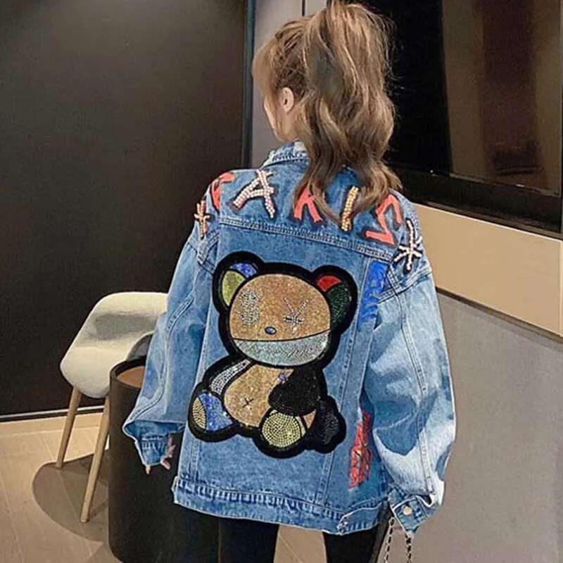 Denim Jacket Women Streetwear Fashion Beading Cartoon Bear Veste En Jean Pocket Lapel Loose Long Sleeve Print Jeans Coat Female
