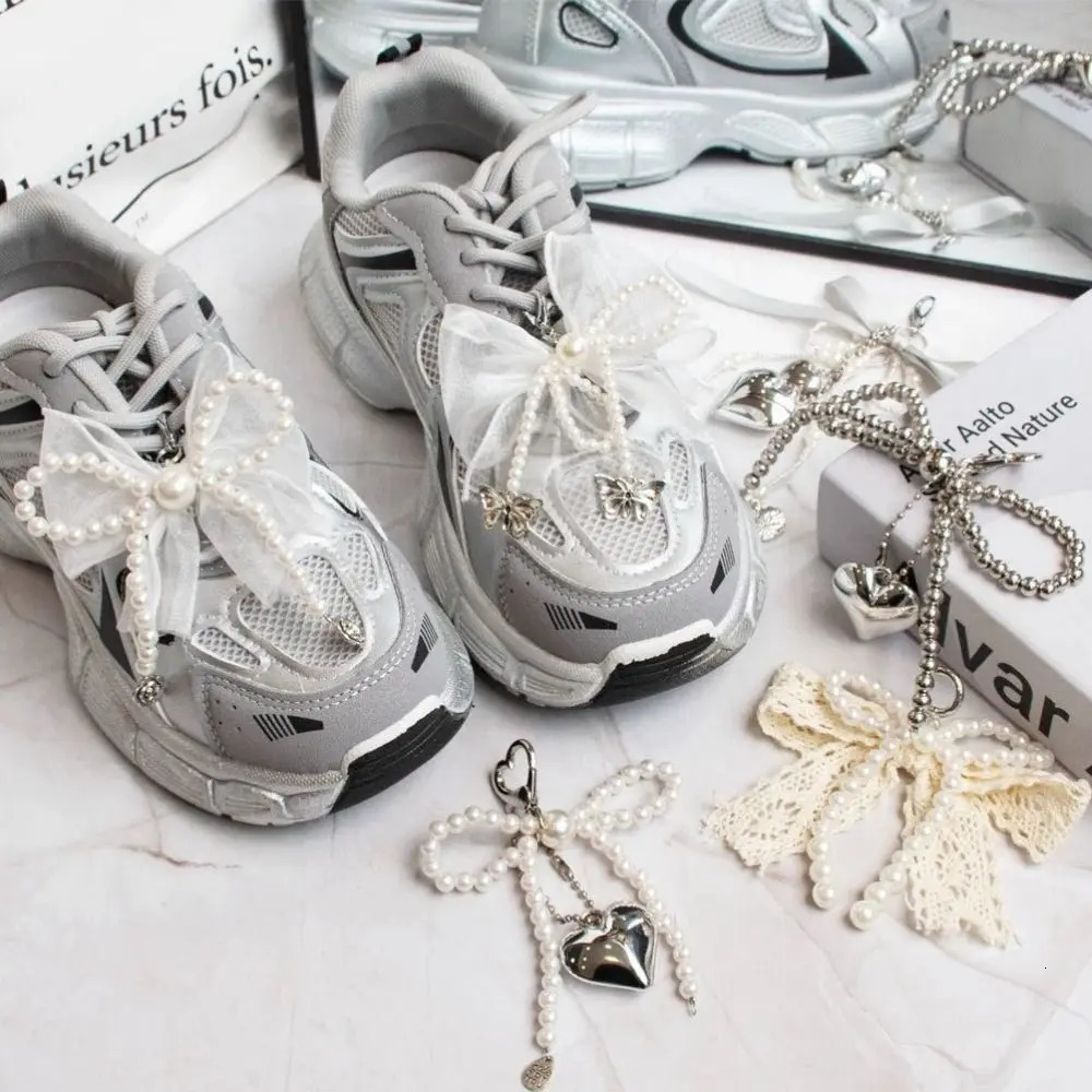 Double Layered Bow Charm Shoe Buckle Sneaker Handmade Pearl Lace Shoes Clip Decoration Bag Pendant Key Chain Accessories 250219