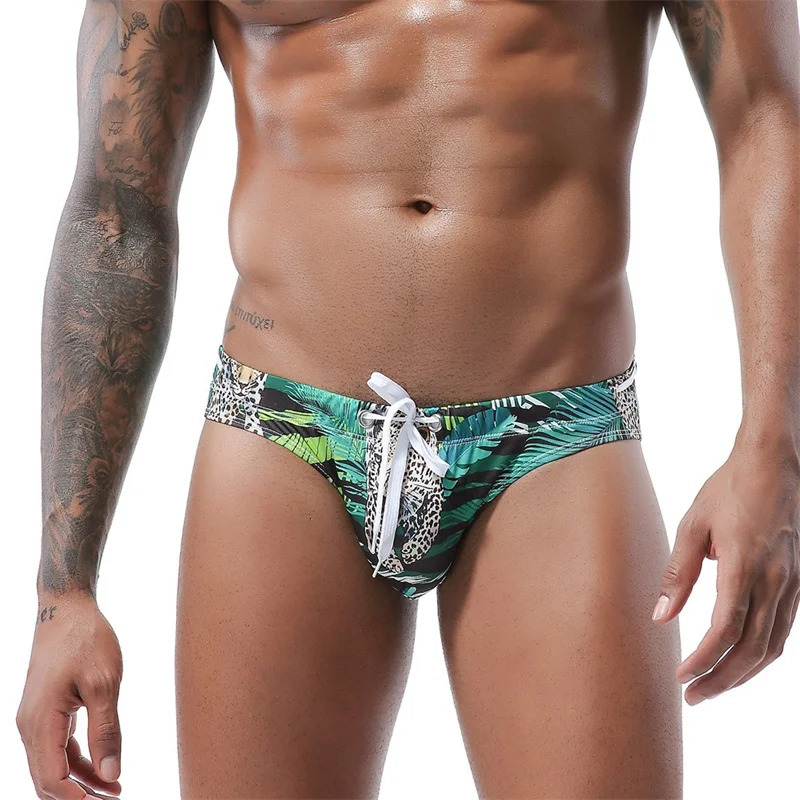 Mens Swimwear Swimsuit Beach Low Waist Briefs Leopard Digital Printing Crochet Bikini Surfing Swim Wear Bathing Suit 250220