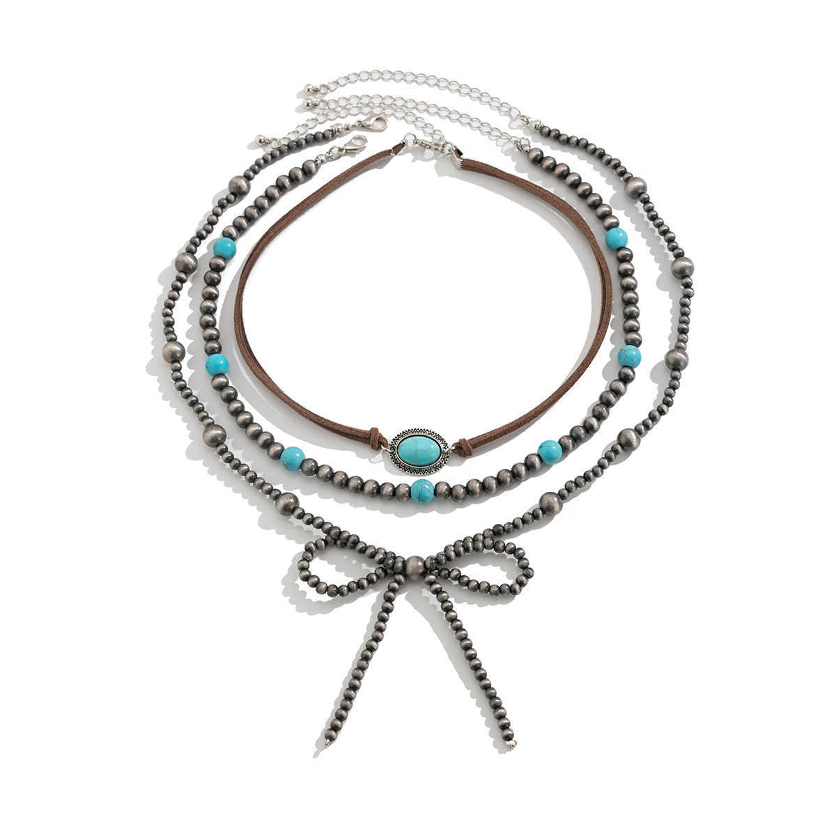 Pendant Necklaces Bohemian layered turquoise bow handmade necklace Navajo style beaded ethnic necklace H25219 2 4C9F