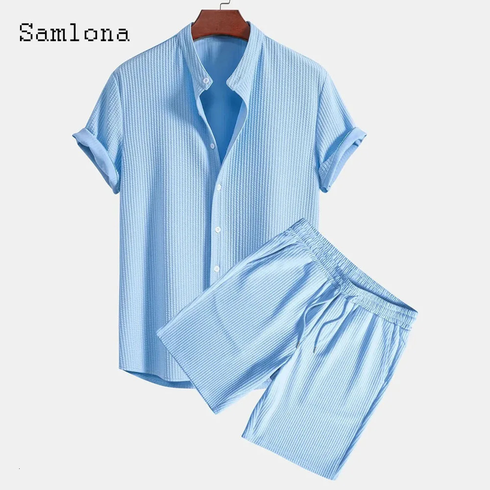 Mens Casual Knitted Two Piece Sets 2024 America and Europe Notched Blouse Light Blue Shorts Suit Male Beach Tracksuits Set 250220