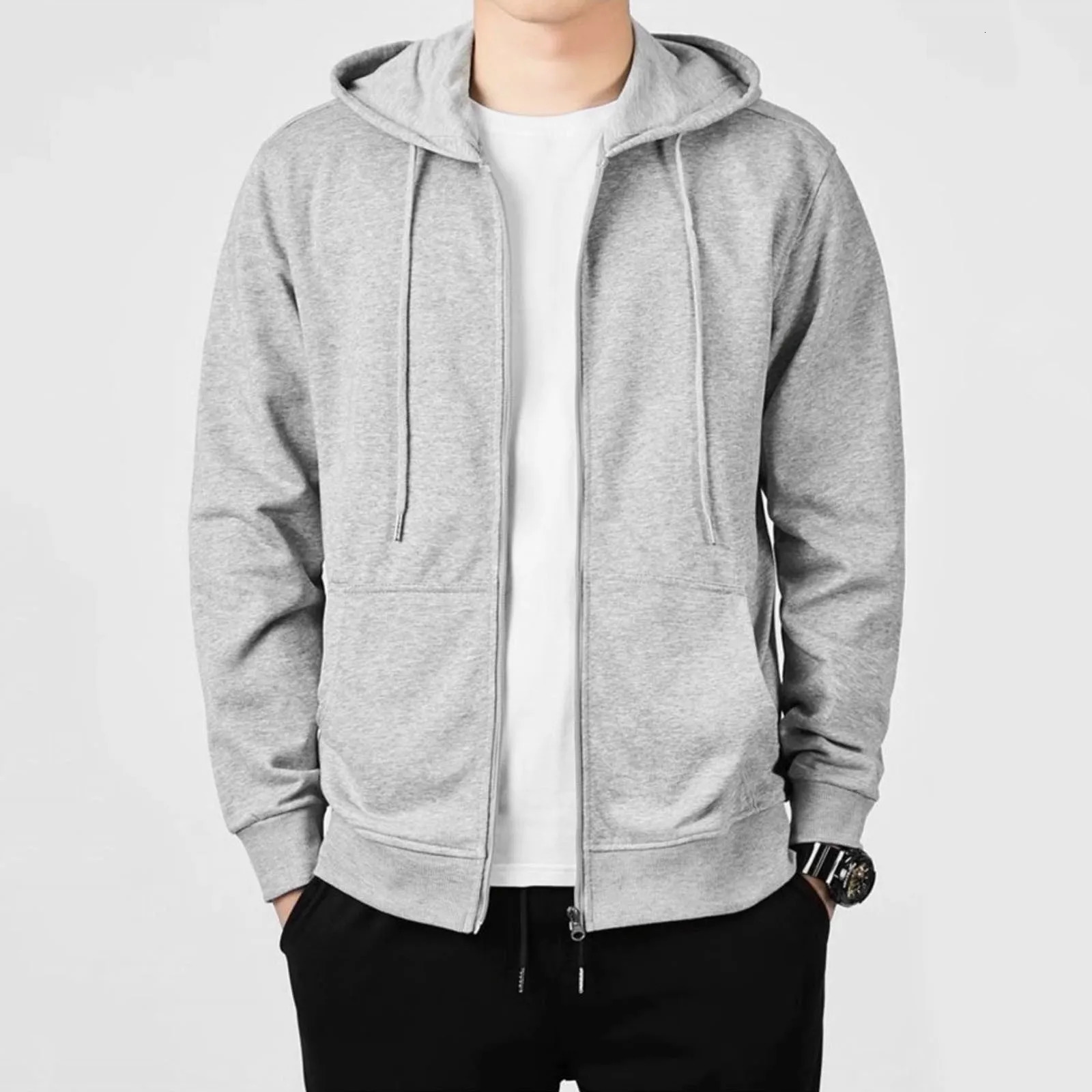 MenS Spring And Autumn Casual Hooded Sweatshirt Loose Plus Size Top Zip Up Cardigan Sport Jacket Solid Color Sweatshirts 250218