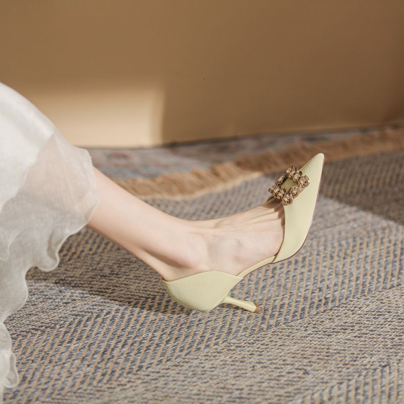 82308 Pointed Toe High Women's Stiletto Heels 2024 Spring And Summer New Style Square Buckle Large Rhie French Hollow Shoes