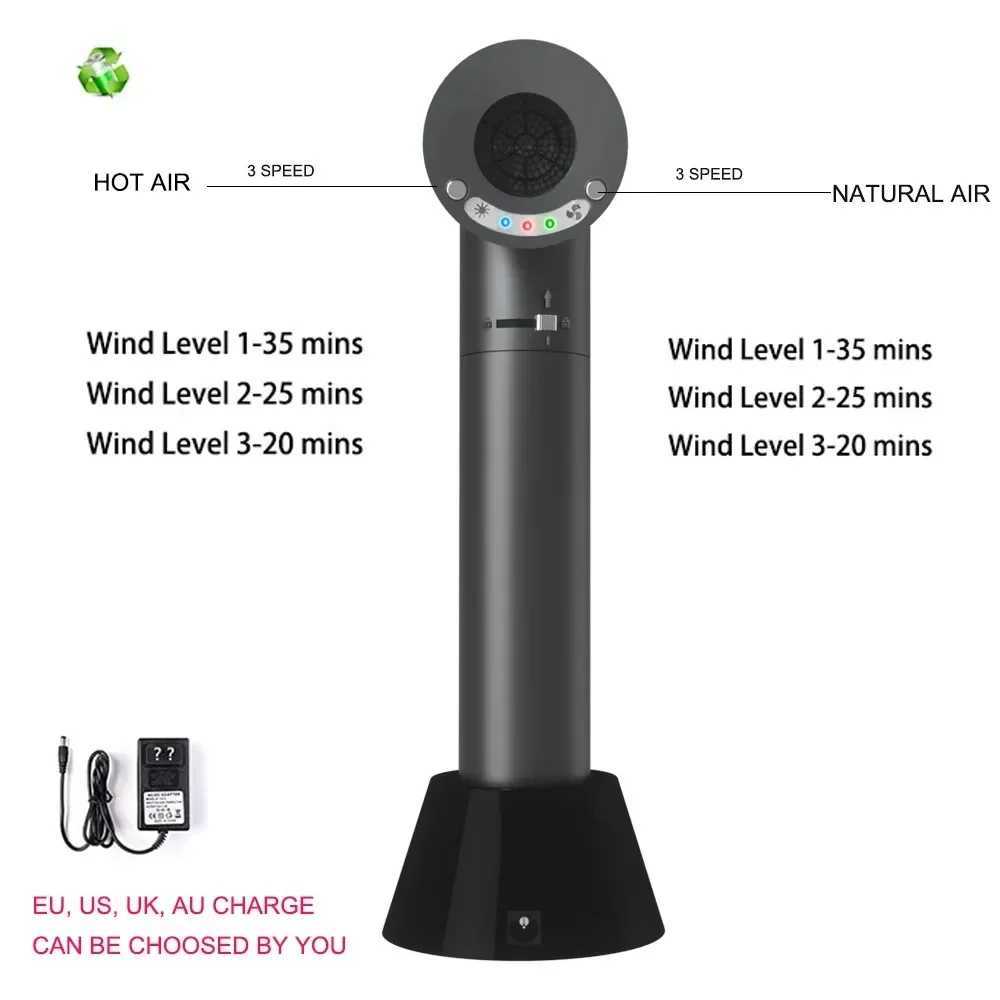 Wireless hair dryer with adjustable hot/cold air rechargeable battery LED display screen pet student baby office staff use W250220
