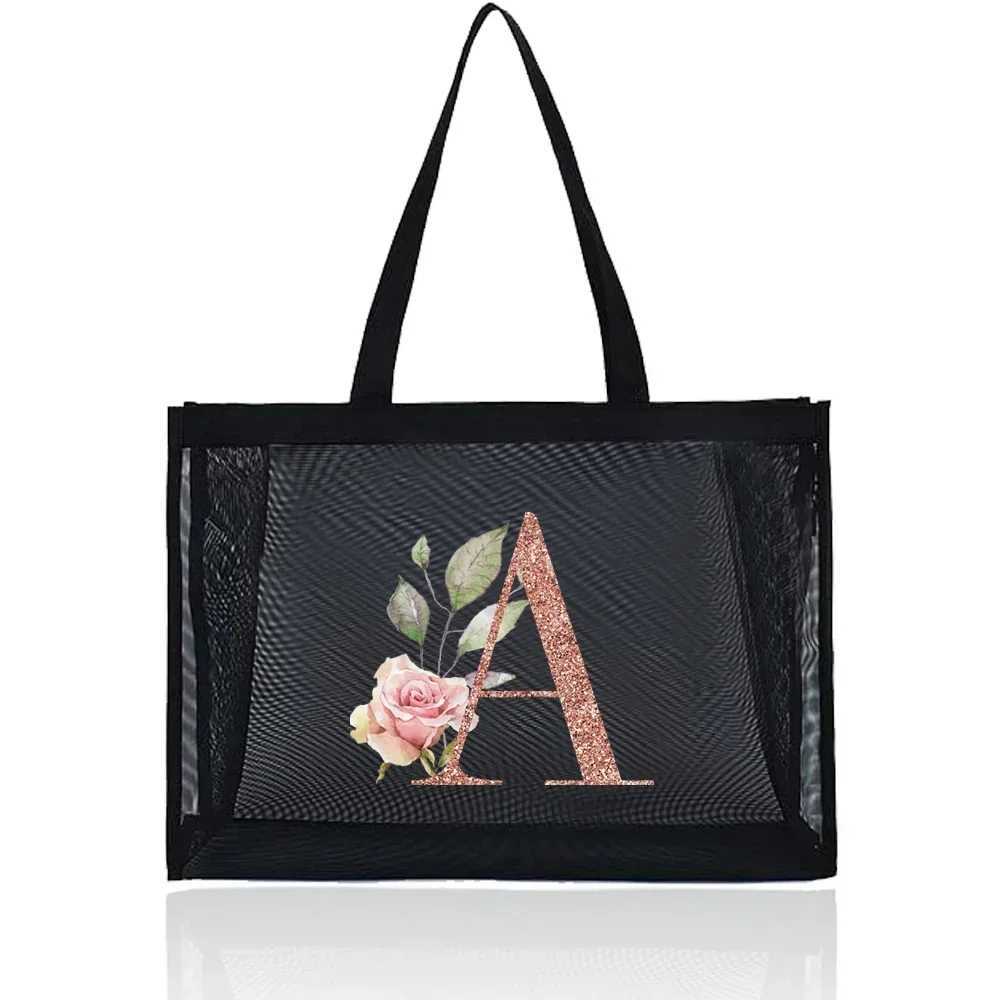 Mesh Shopping Bag Transparent Tote Bags Travel Storage Handbag Women Wallets Organizer Grid Package Rose Gold Printing Series Z250219