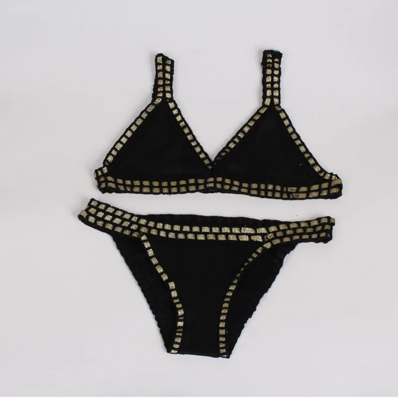 Sexy solid color knitted bikini set suitable for beach vacations handmade crochet colored blocking womens swimsuit elastic split 250219
