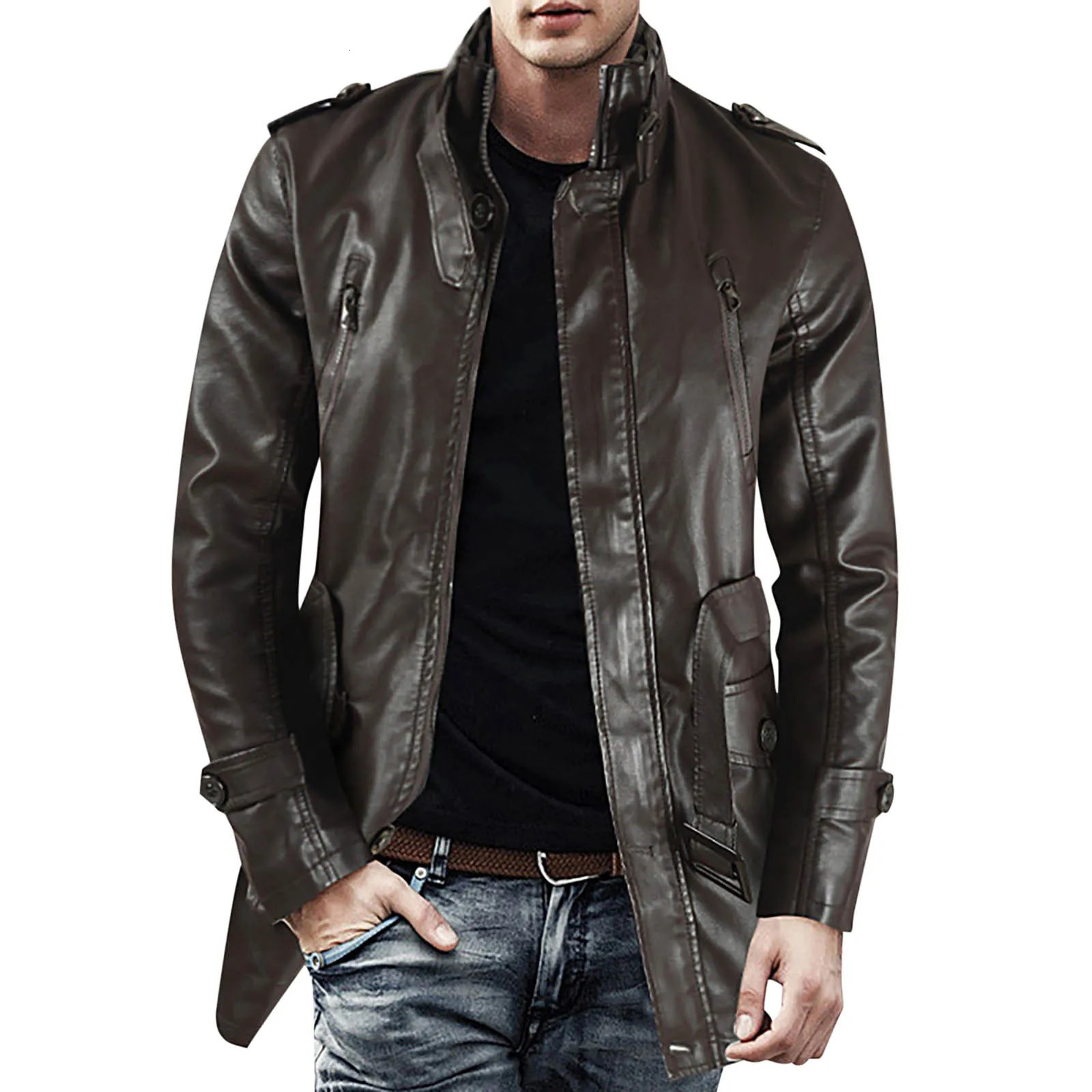 Mens Winter Casual Leather Jacket Zipper Long Sleeve Stand Trench Coat Men Tactical Windproof Waterproof jacket 250210