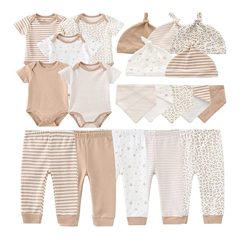 Unisex Cotton Born Baby Girl Clothes Sets BodysuitsPantsHatsGloves/Bibs Baby Boy Clothes Solid Color Cartoon Bebes 250220